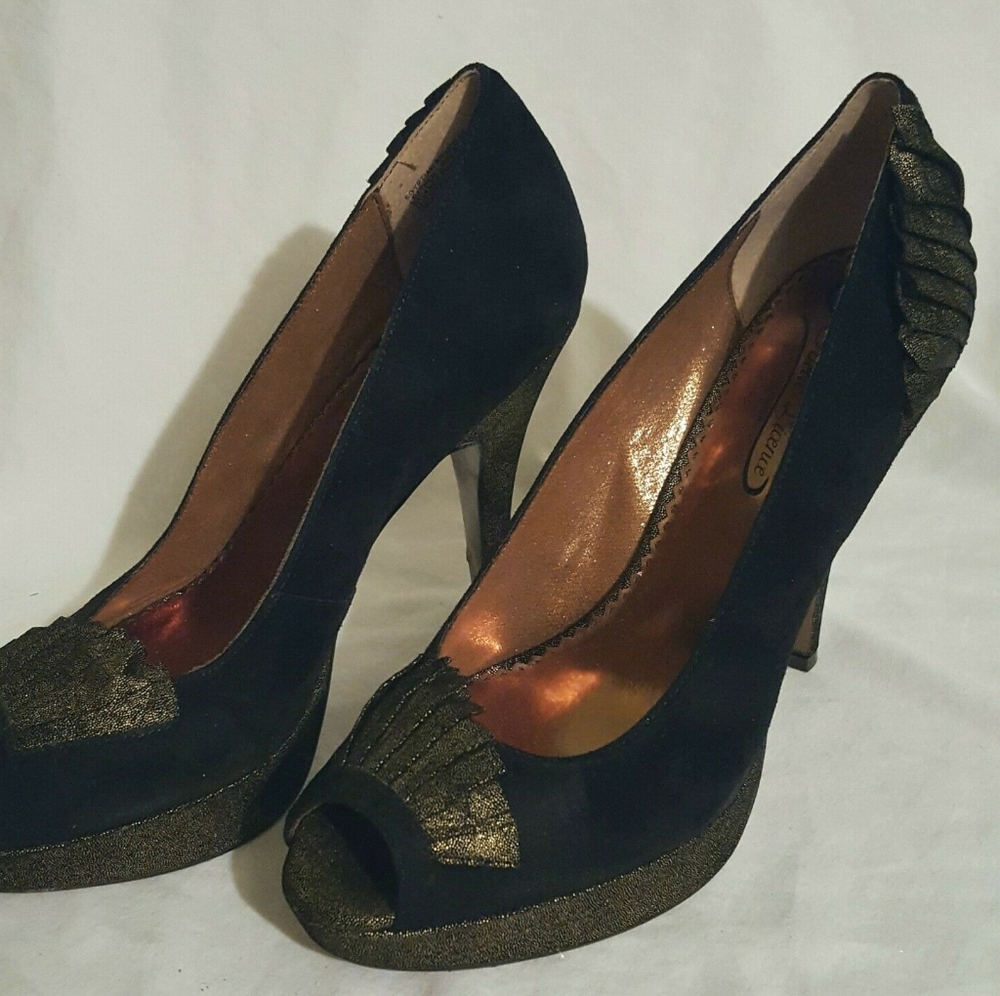 Poetic Licence black suede gold fan peep toe heels